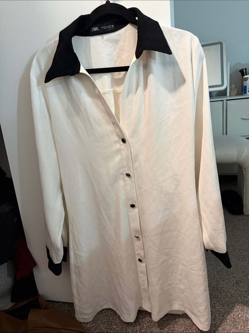 Zara Cream Shirt Dress with Black Collar and Cuffs